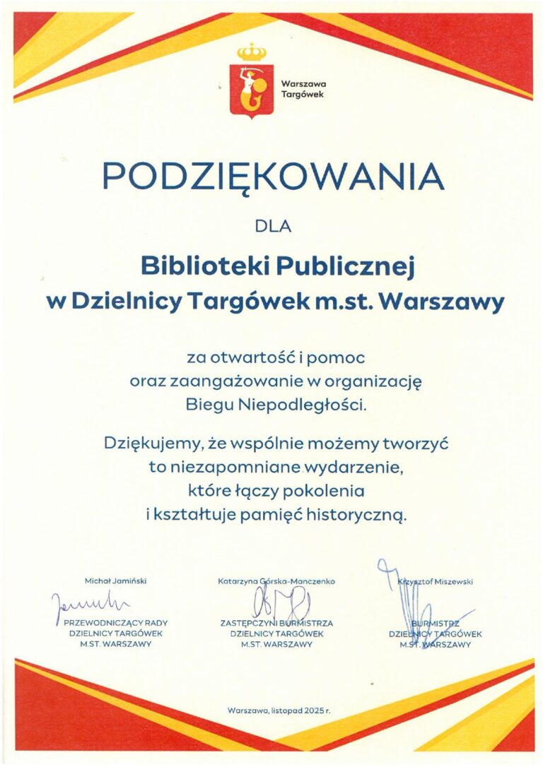 podziękowanie dla biblioteki za udział w wydarzeniu Bieg niepodległości w lesie bródnowskim