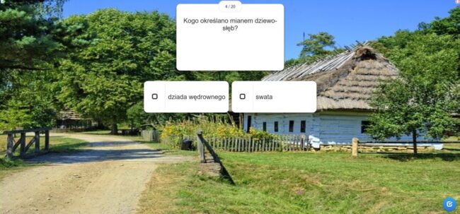 jedno z pytań quizu: Kogo określano mianem dziewosłęb? a) dziada wędrownego b) swata; w tle zdjęcie domku wiejskiego otoczonego zielenią drzew i trawy