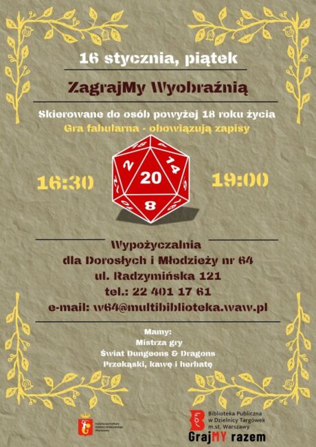 plakat promuje grę RPG w bibliotece
