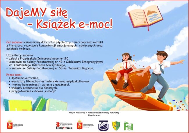na plakacie dzieci lecą na książce wśród chmur