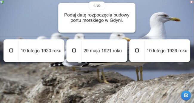 zdjęcie mewy; jedno z pytań quizu: Podaj datę rozpoczęcia budowy portu morskiego w Gdyni. a) 10 lutego 1920 roku b) 29 maja 1921 roku c) 10 lutego 1926 roku