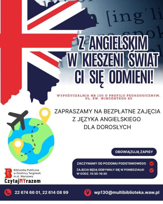 zajęcia języka angielskiego w bibliotece w każdy poniedziałek w godzinach 15.30-16.30