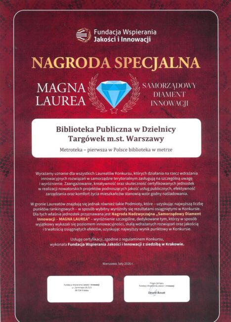 dyplom dla Metroteki - nagroda specjalna diament innowacji