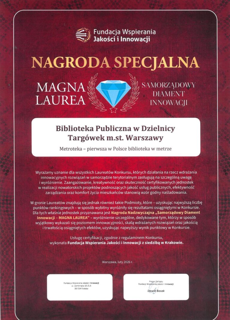 dyplom dla Metroteki - nagroda specjalna diament innowacji