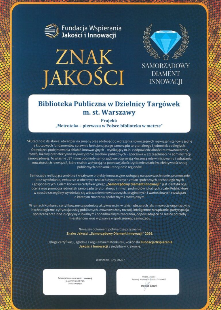 znak jakości - diament dla metroteki