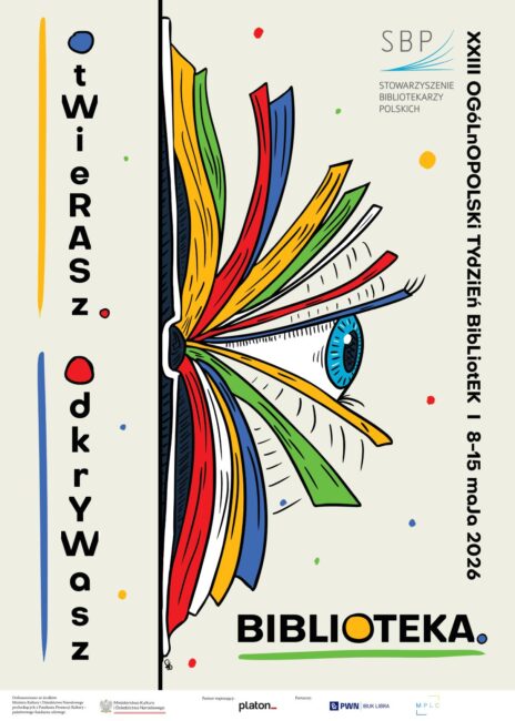 otwarta książka, kolorowe kartki, oko, hasło tegorocznego tygodnia bibliotek: Otwierasz, odkrywasz