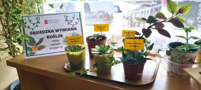 rośliny w bibliotece, obok nich napisy: przygarnij mnie, wymień mnie, sąsiedzka wymiana roślin