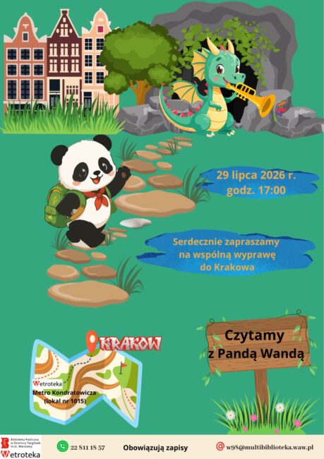na plakacie panda Wanda, smok z trąbką przed wejściem do jaskini, mapa z napisem Kraków