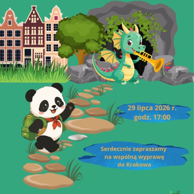 na plakacie panda Wanda, smok z trąbką przed wejściem do jaskini, mapa z napisem Kraków