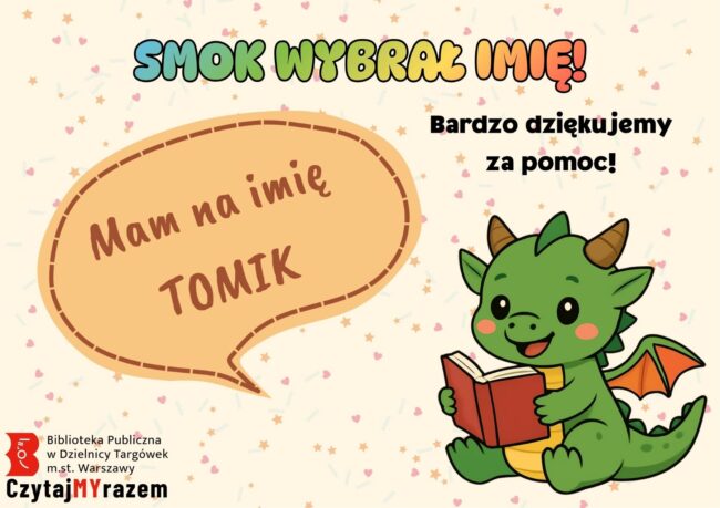 uśmiechnięty smok czytający książkę