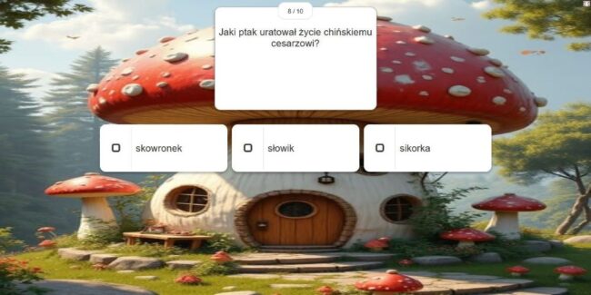 jedno z pytań quizu: Jaki ptak uratował życie chińskiemu cesarzowi? a) skowronek b) słowik c) sikorka