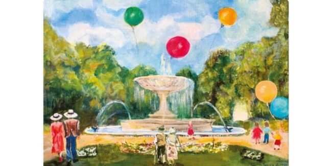 fontanna, balony, park, spacerowicze
