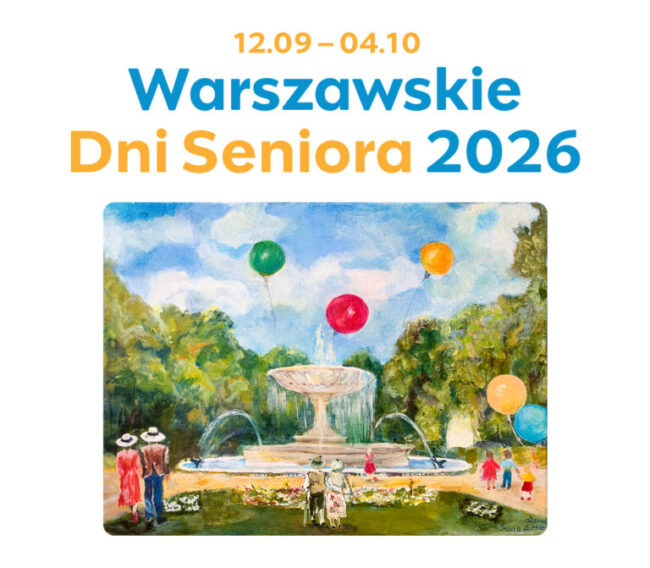 fontanna, balony, park, spacerowicze - plakat promuje Warszawskie Dni Seniora