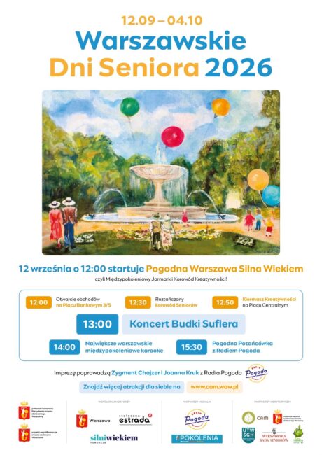 fontanna, balony, park, spacerowicze - plakat promuje Warszawskie Dni Seniora