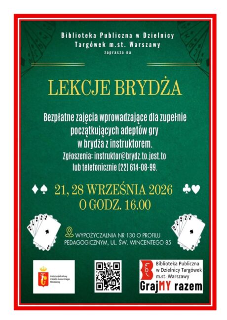 plakat promuje lekcje brydża dla początkujących