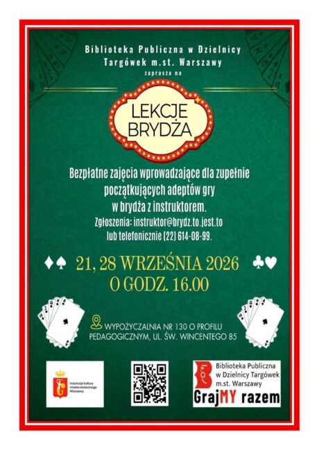 plakat promuje lekcje brydża dla początkujących
