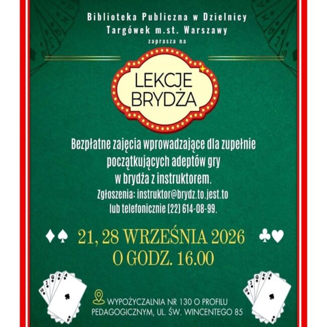 plakat promuje lekcje brydża dla początkujących