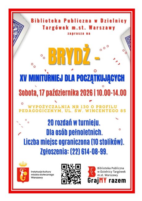 plakat promuje turniej brydża w bibliotece