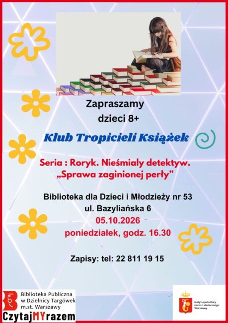dziewczynka siedzi na górze złożonej z książek i czyta książkę